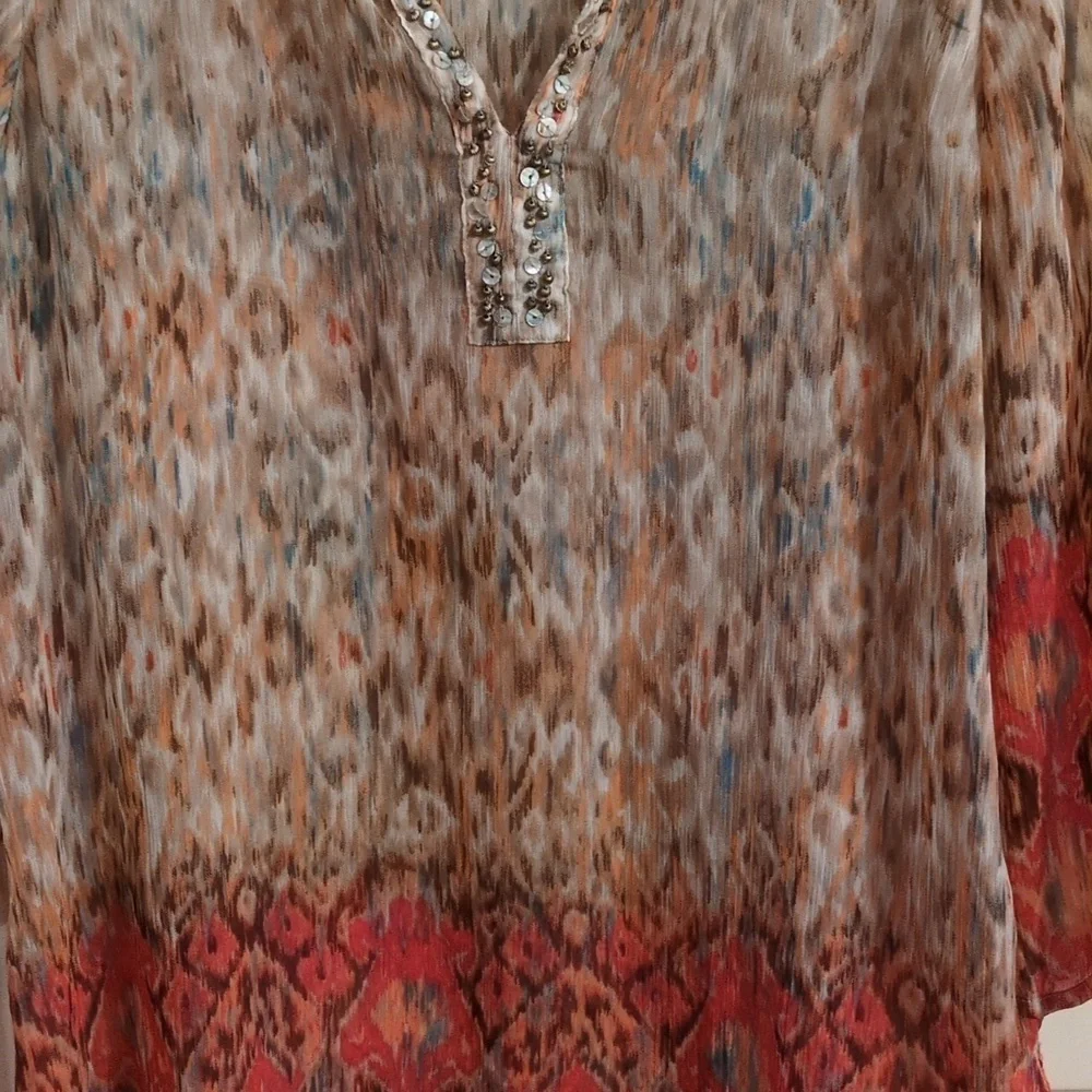 Chicos Tunic: Sheer, Abstract Print Embellished With Beads & Rhinestones, V-Neck - Picture 4 of 16